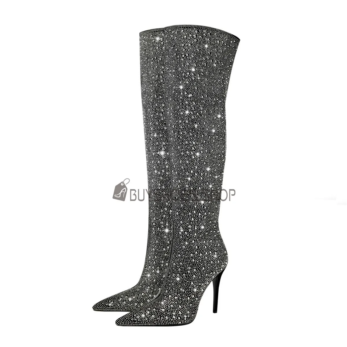 A Talon 10 cm Habillé Bottes Haute Femme Talons Aiguilles Noir Moderne Botte Cuissarde Chaussure De Soirée Luxe Simili Cuir
