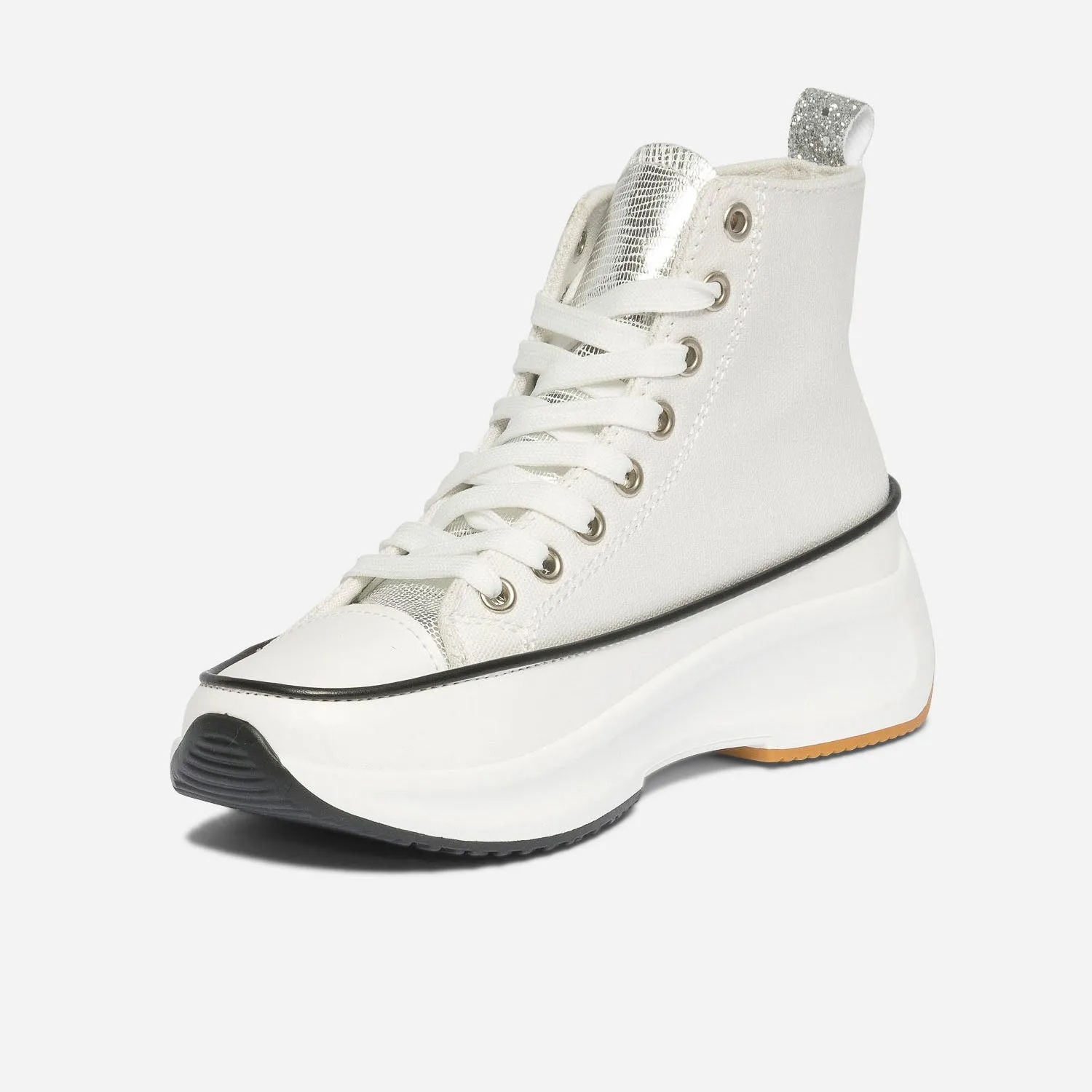 Basket KAPORAL blanche et argenté en toile à plateforme et lacet jaune fluo - Baskets / Tennis Femme | ERAM
