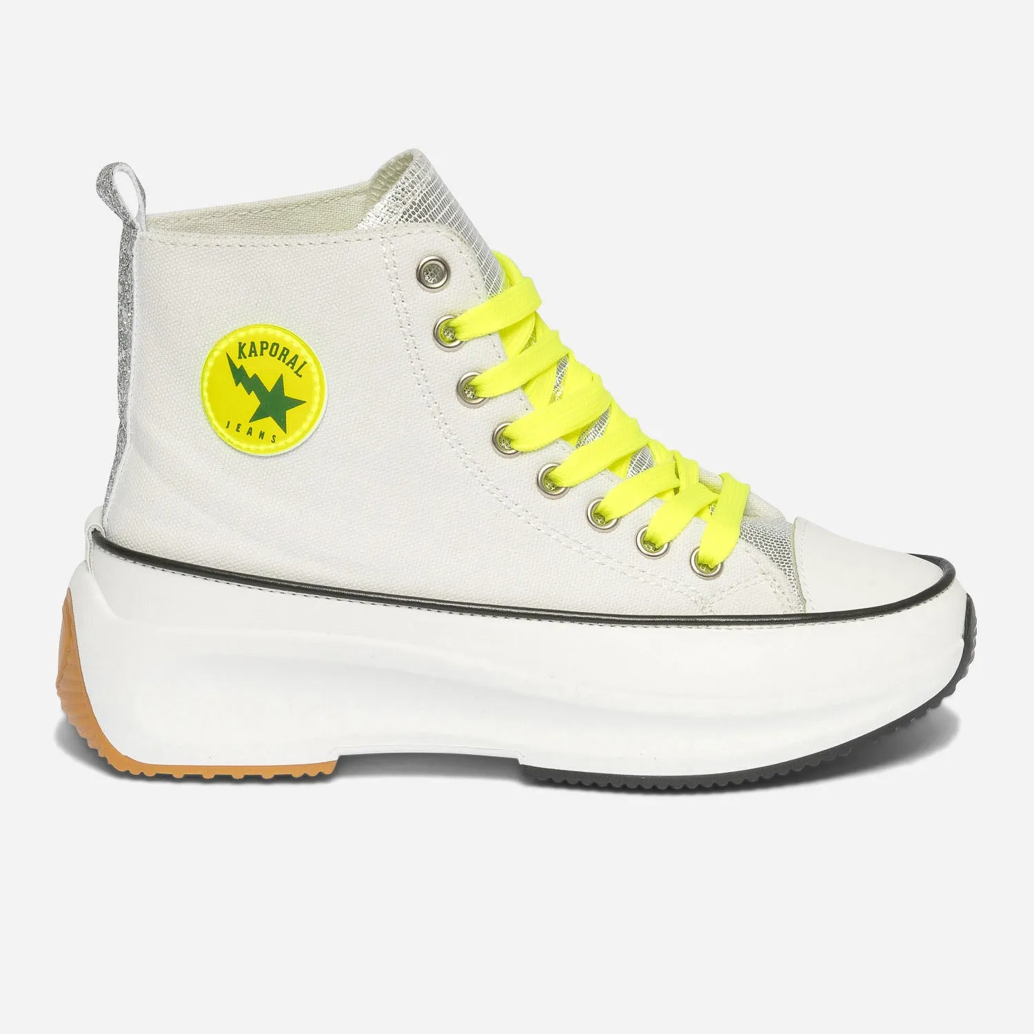 Basket KAPORAL blanche et argenté en toile à plateforme et lacet jaune fluo - Baskets / Tennis Femme | ERAM