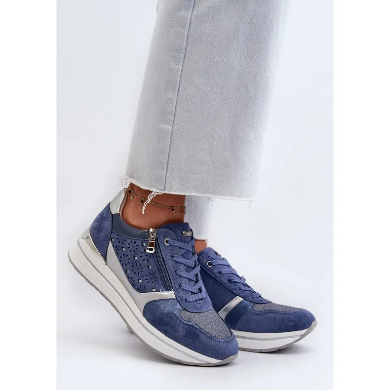 Baskets Plateforme Femme Motif Ajouré et Paillettes INBLU IN000372 Bleu