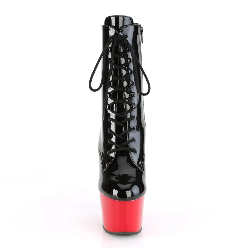 Bottine de pole Dance à lacets Pleaser noire vernis et plateforme rouge