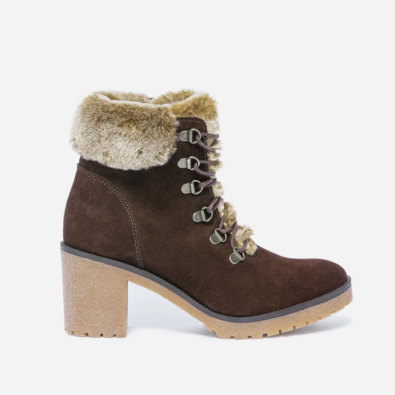 Bottine à talon marron cuir velours à col fourré - Boots / bottines Femme | ERAM