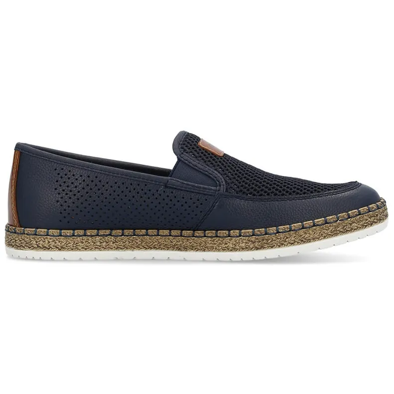 Chaussures à enfiler confortables en cuir ajouré pour hommes, bleu marine Rieker B5271-14