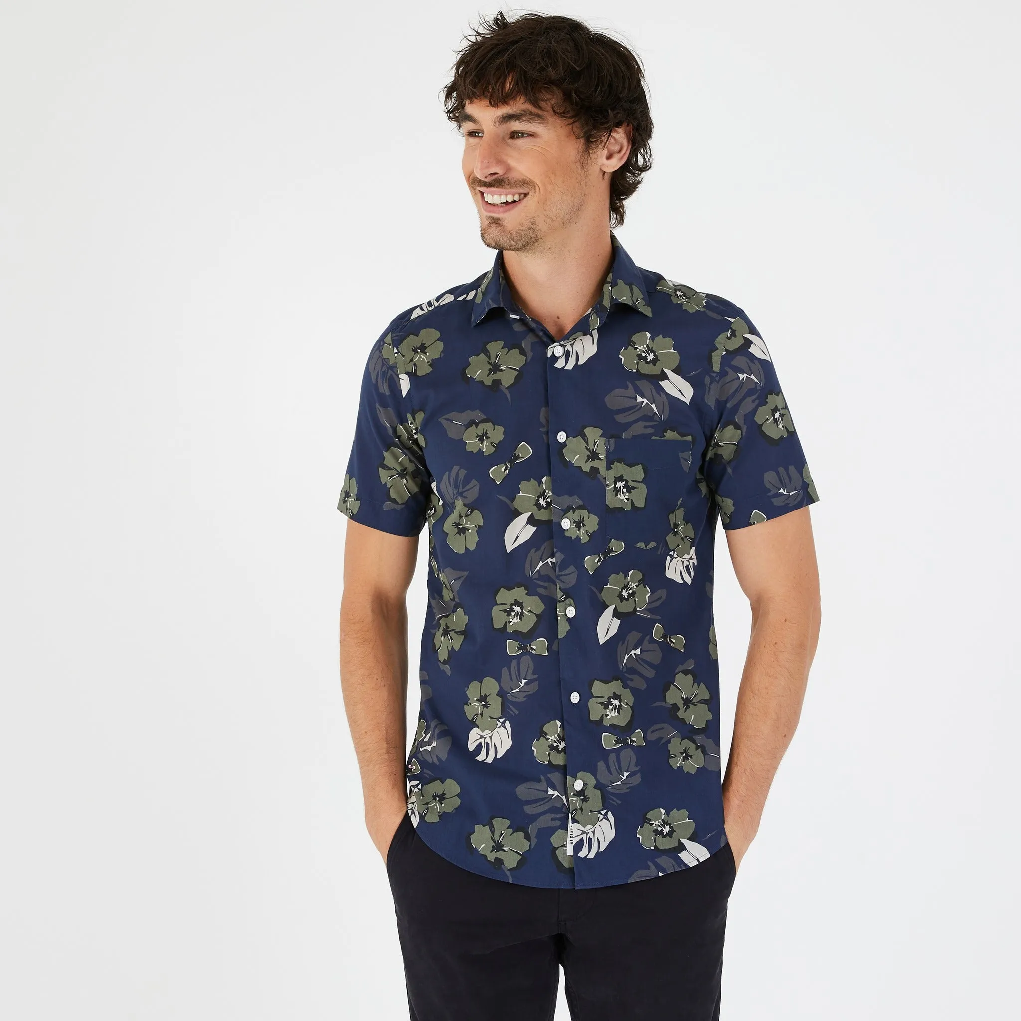 Chemisette bleu marine en coton à motif tahitien