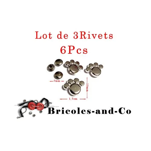 Rivet patte, argenté, bouton empreinte animal, bouton-pression patte, n°49. lot de 3 rivets en 6pcs.