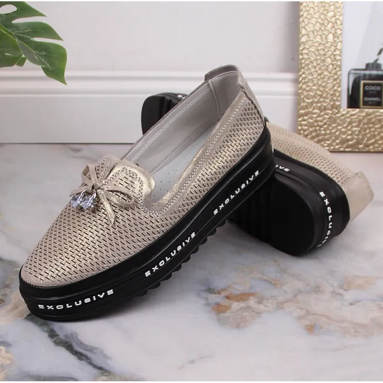 S.Barski AL22400 chaussures confortables à enfiler en cuir doré pour femmes d'or