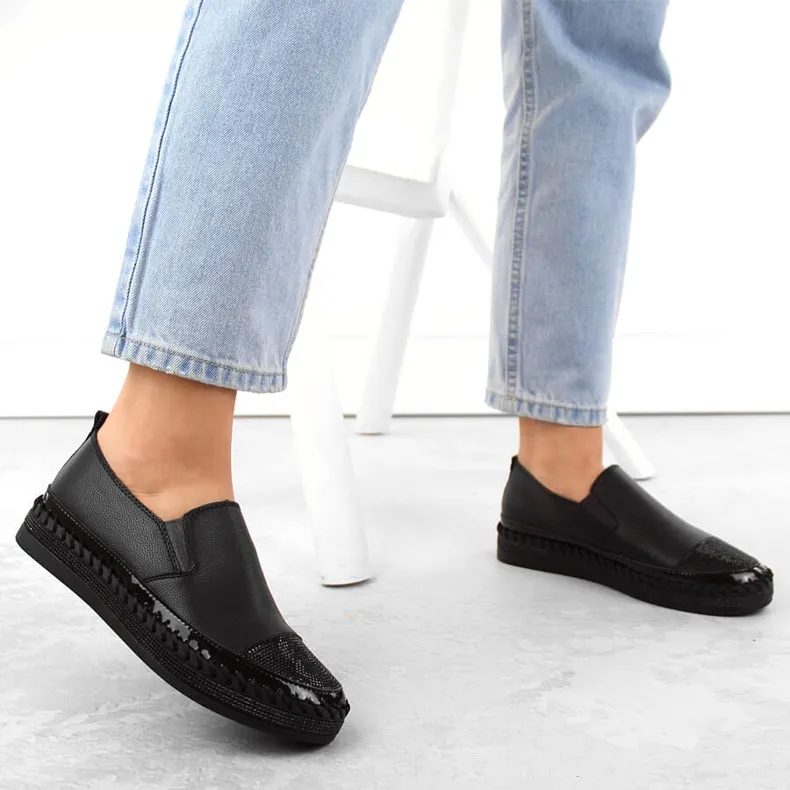 S.Barski Chaussures à enfiler en cuir pour femmes avec zircons cubiques, noir D&amp;A LR370 le noir