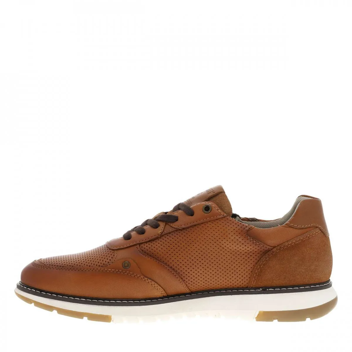 Sneakers en cuir marron cognac à lacets et zip latéral, semelle blanche