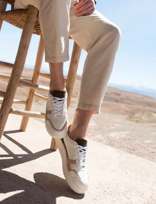 Sneakers à Lacets en Cuir Blanc et Kaki pour Homme - Modèle Vasco