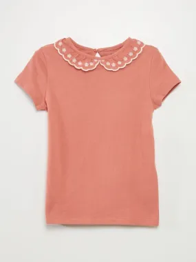 T-shirt en coton à col claudine - Rose