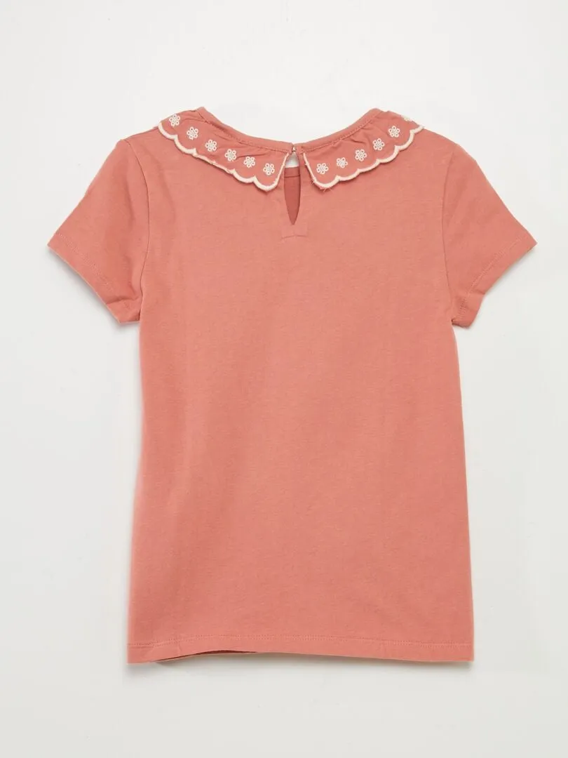 T-shirt en coton à col claudine - Rose