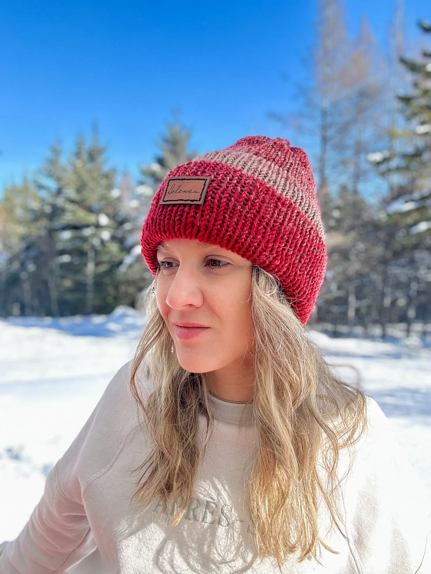 Tuque tricotée avec ourlet - Rouge et Beige