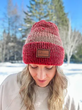 Tuque tricotée avec ourlet - Rouge et Beige